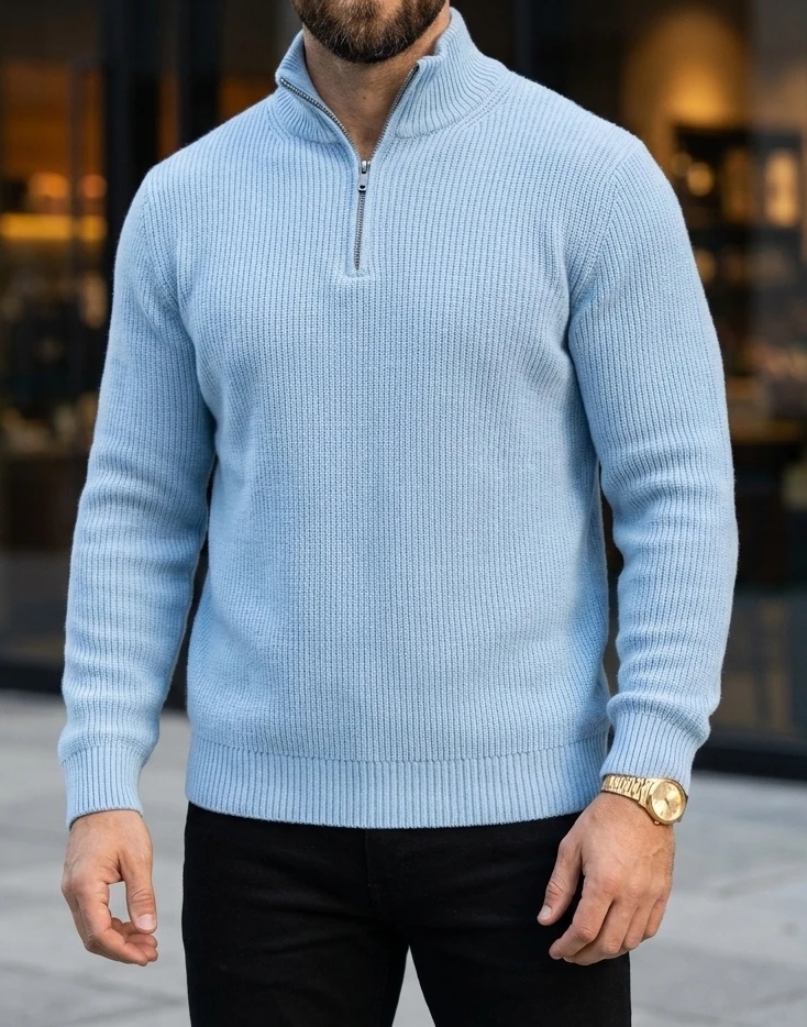 پلیور بافتنی نیم زیپ آبی پاستیل فری سایز مناسب L و XL